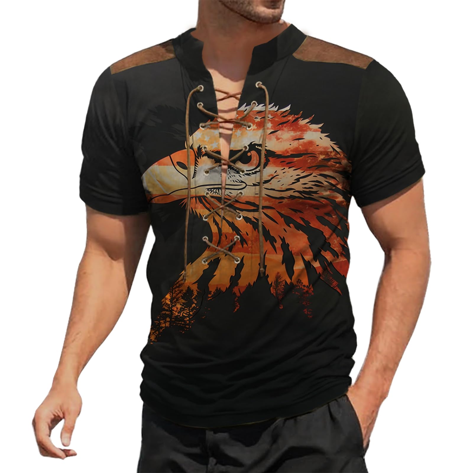 Fashion T Shirts for Men Drawstring V-Neck Vintage Pattern Short Sleeve Summer Oversized Baggy Trendy Tops