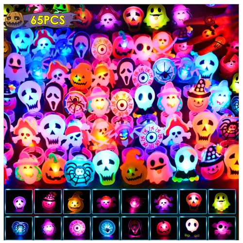 Tiaxidex 65PCS Halloween Light Up LED Rings, Non Candy Trick or Treats 3D Flashing Rings Toys Glow In the Dark Halloween Party Favor Ring Toy Gifts For Kids Adults Goodie Bag Stuffers