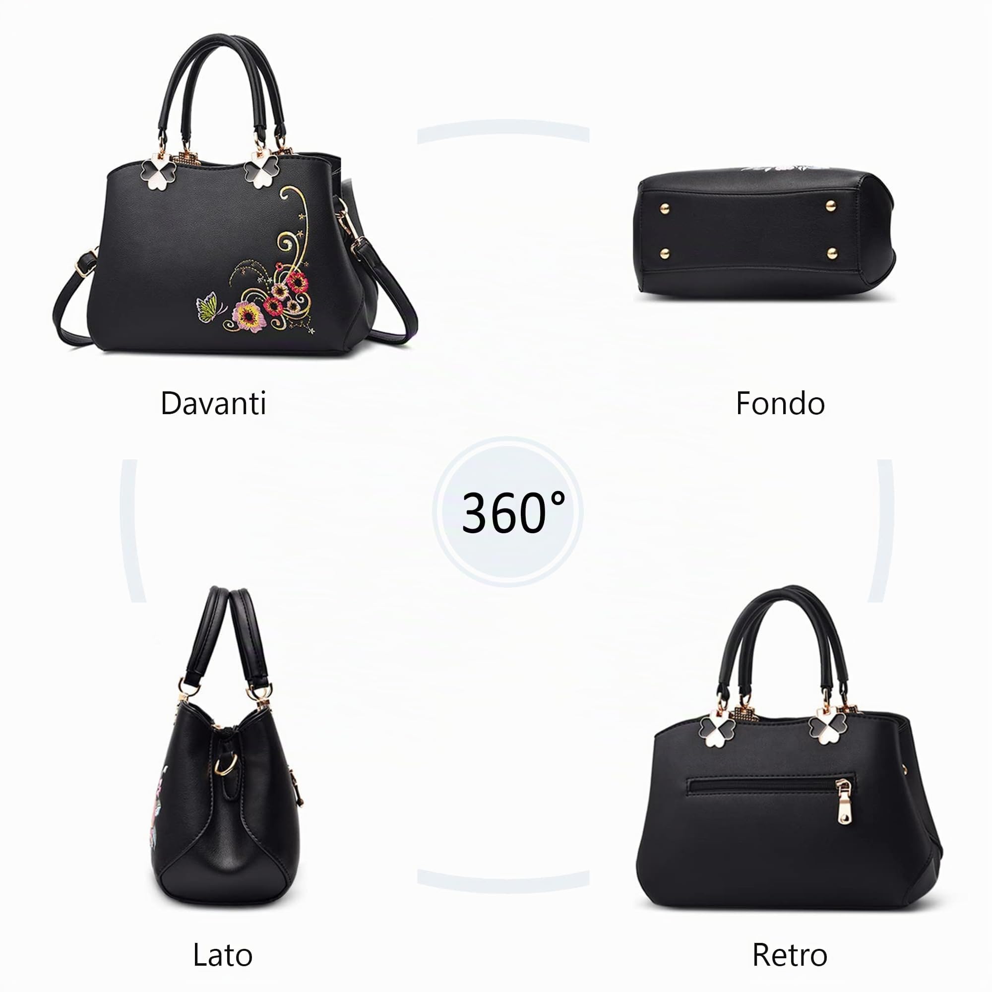 Borsa a Mano Piccola Donna Con Ricami Floreali - Elegante Borsetta a Spalla in Pelle PU - Tracolla per Shopping, Lavoro, Incontri - Crossbody Nero C