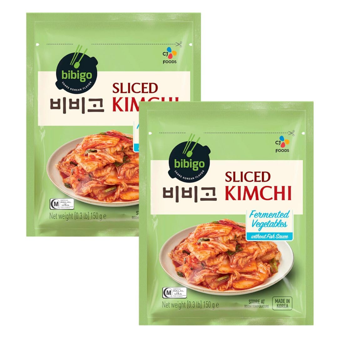 CJ Bibigo Korean Sliced Kimchi Fermented Vegetables Without Fish Sauce150g (Pack of 2) Halal