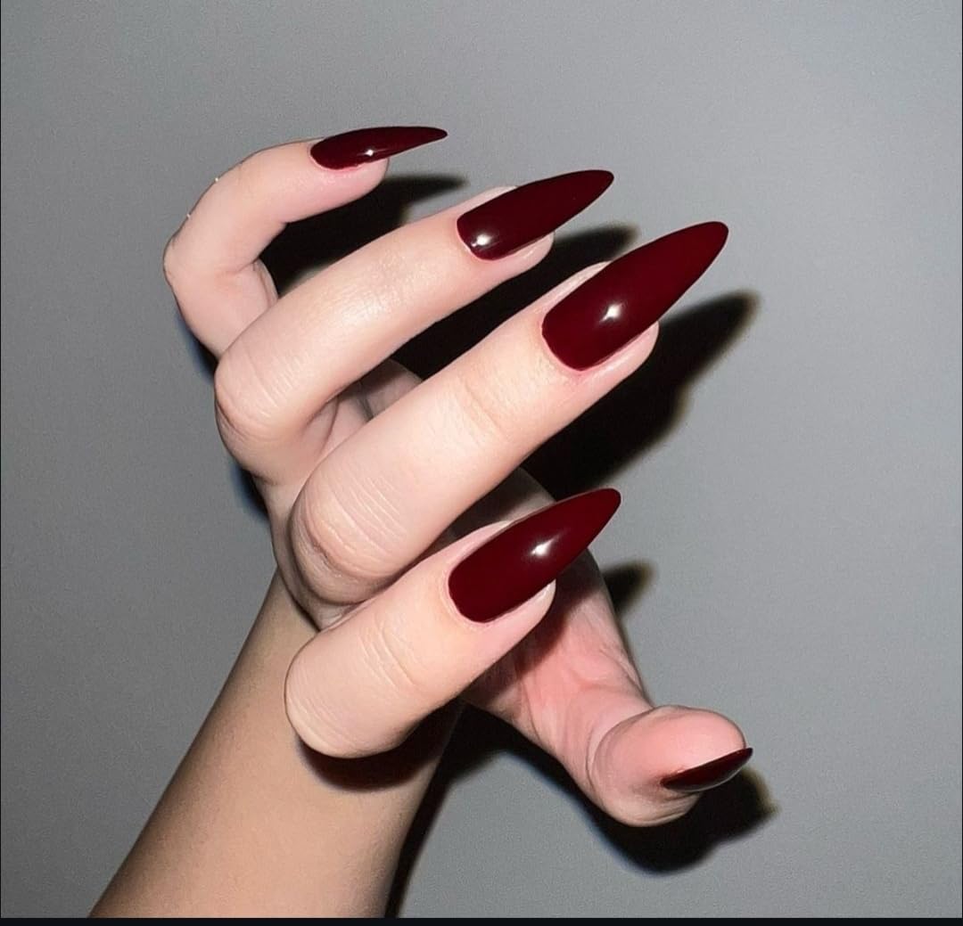 Artificial Nails: Glossy Maroon Solid Plain Color/Shape Long Stiletto (Set of 12 with nail glue, nail file, cuticle pusher, cleaning wipe)-image-27