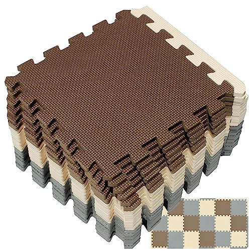 Image of Yostrong® 18 Tiles Interlocking Puzzle Foam Baby Play Mat with Straight Edges for Playing - EVA Babies Crawling Mat | Rubber Floor Work out Mats for Home Gym. Brown, Beige, Gray. YOC-FJLb18S18
