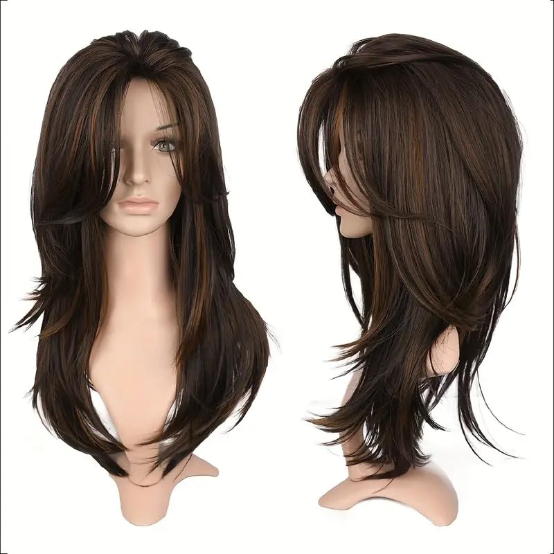 Image of Akashkrishna Hair Wig For Women Natural Looking Long Brown Mixed Blonde Wig With Bangs Heat Resistant Synthetic Hair Wig For Women with WigCap and Comb