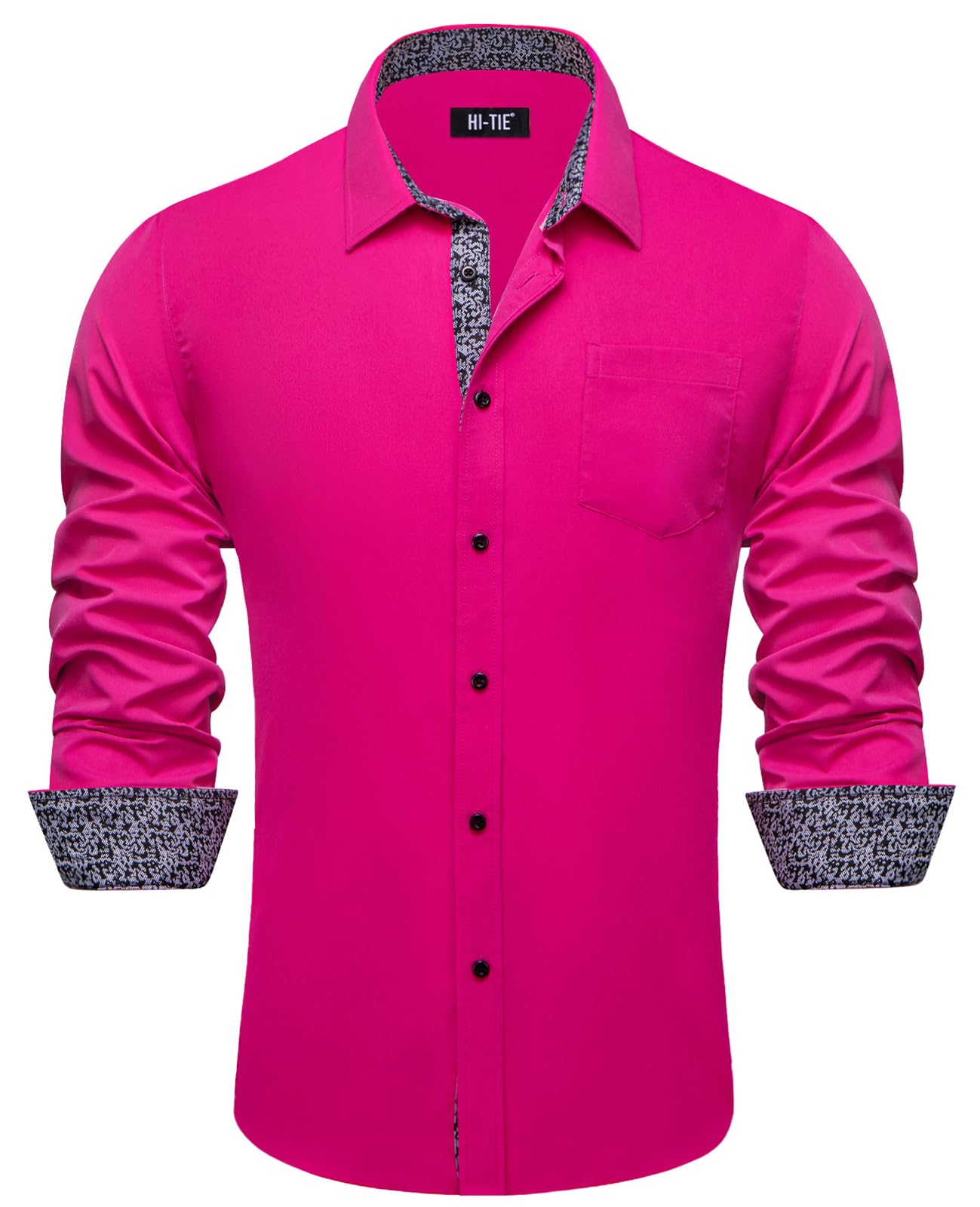 Hi-Tie Men's Wrinkle Free Inner Contrast Jacquard Long Sleeve Button Down Shirt