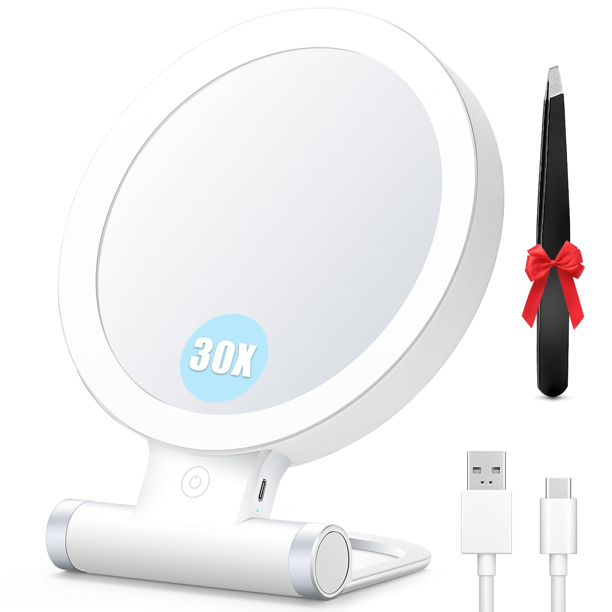 MIYADIVA 30X Magnifying Mirror with Light, Double Sided Makeup Mirror with Lights, Touch Switch Vanity Mirror with 3 Color, Adjustable Portable Travel