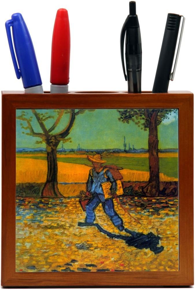 5-Inch Van Gogh Art Peach Trees Design Wooden Tile Pen Holder (RK-PH1424)