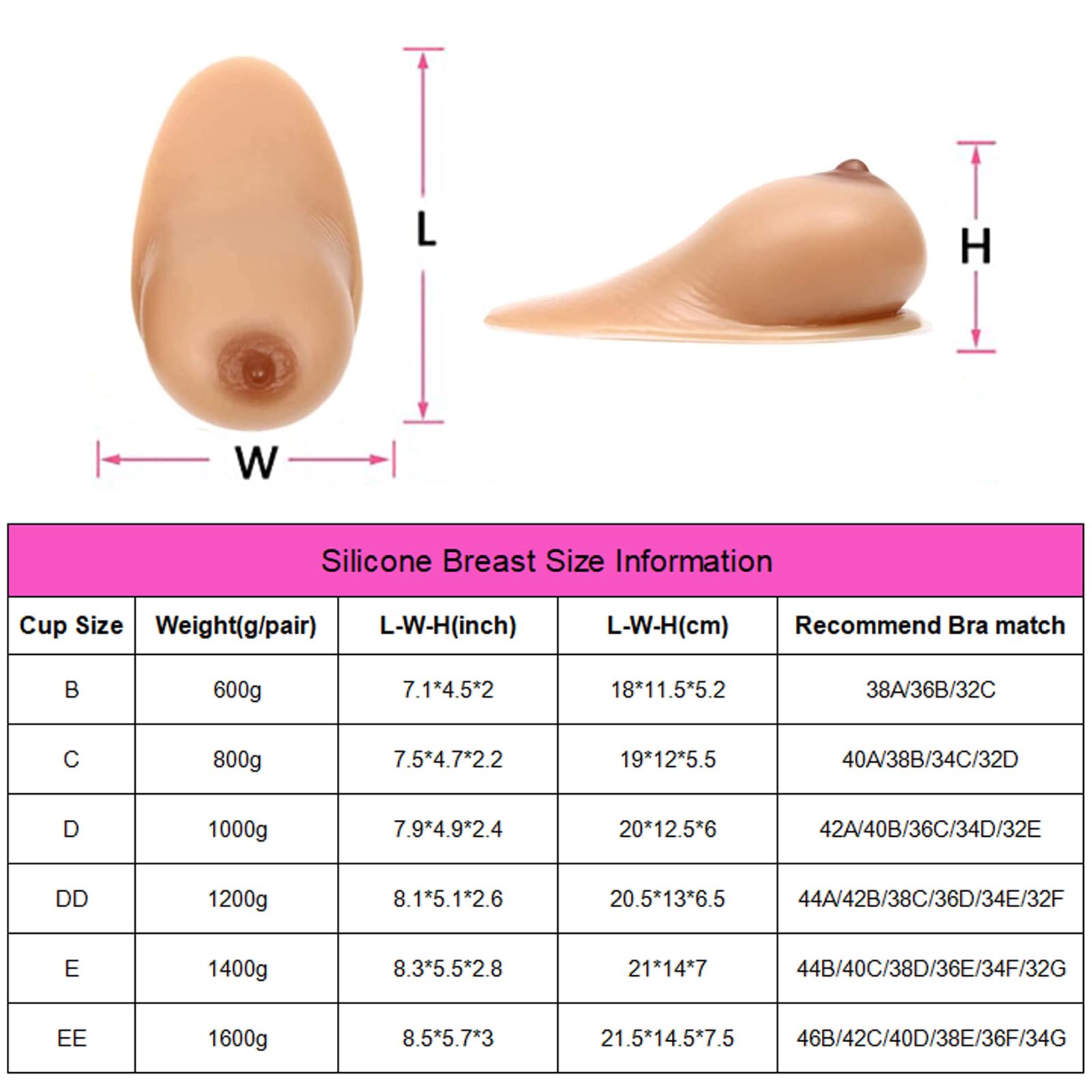 Silikonowe Wkładki Do Biustonosza Dla Kobiet Samoprzylepne Przeznaczone Dla Kobiet Po Mastektomii, Do Cosplayu I Dla Osób Transpłciowych(1200g/pair, Suntan)