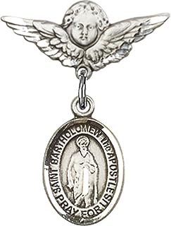 Sterling Silver Baby Badge with St. Bartholomew the Apostle Charm and Angel w/Wings Badge Pin 7/8 X 3/4 inches