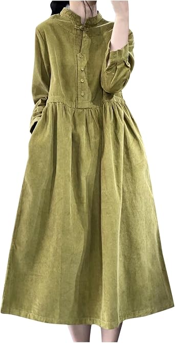 Corduroy Jumper Dress Women Fall Long Sleeve Maxi Babydoll Dress Button Down Casual A-Line Swing Long Shirt Dresses