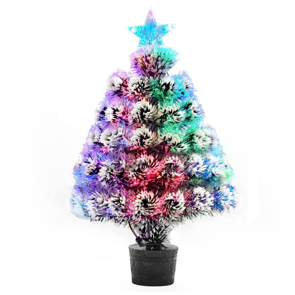 JUTYAST Pre-lit Small Christmas Tree, 22'' Tabletop Artificial Tree, Fiber Optic Mini Xmas Tree with Lighted Treetopper, Multicolor Changing X-mas Trees for Office Table Desk Window Decorations