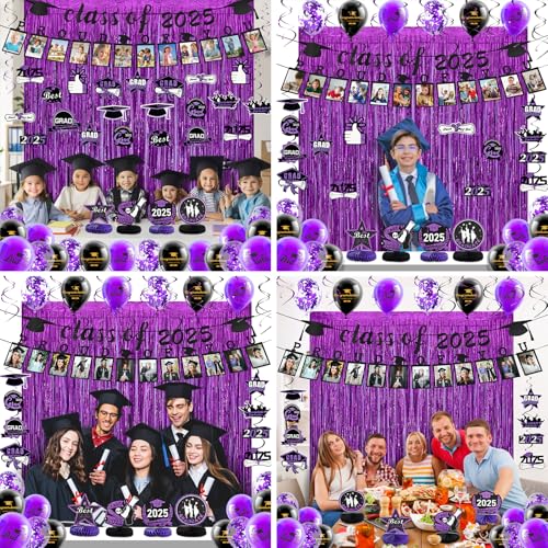 Image of FRAMICS Graduation Decorations 2025, Graduation Banner Class of 2025, Graduations Photo Banner, Tinsel Backdrop Curtains, Ballons & Streamers Kit, Graduations Party Decorations, 82 Pieces, Purple