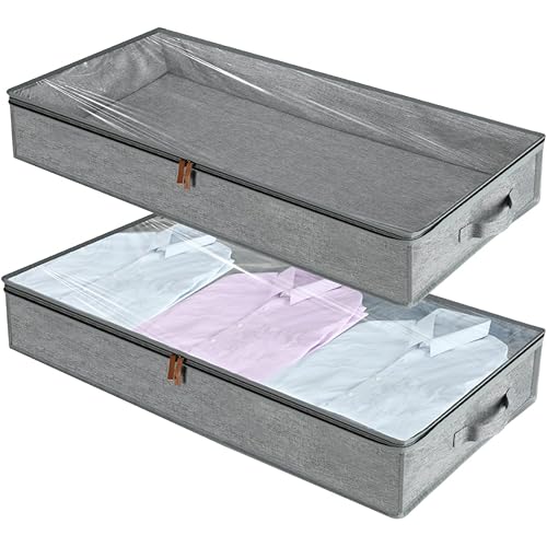 Under Bed Storage 2 Packs Polyester Foldable UnderBed Storage Bags Containers with Handles Closet Organizers and Storage Bins for Clothes, Blankets,39.4 x 19.7 x 5.9 Inches,Large, Linen-like Grey