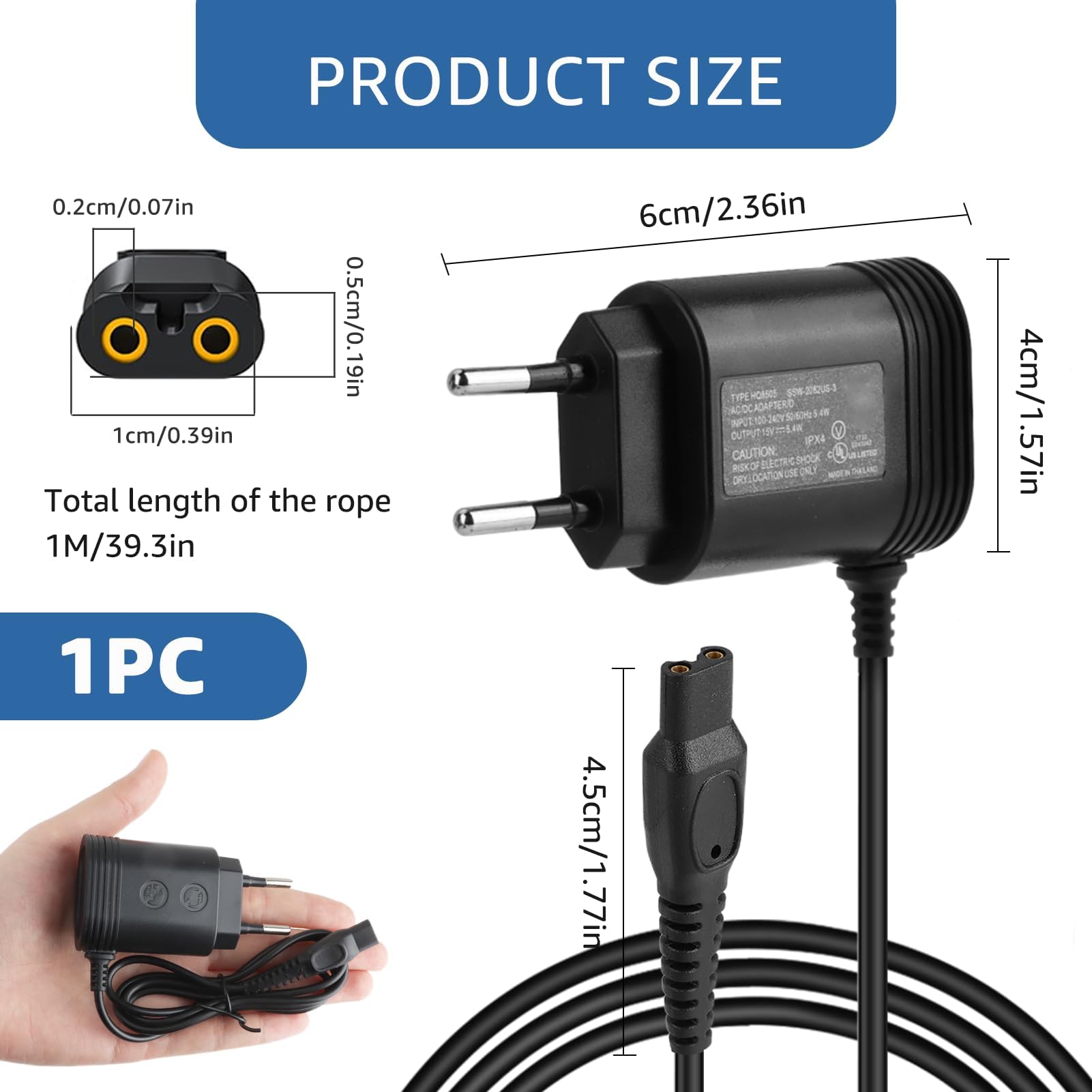 15 V Caricabatterie Rasoio Compatibile con Philips HQ8505 3000, 5000, 7000, 9000 MG7745, MG7730, MG7720, MG7710, QP6510, QP6520, QP6530, QP6541, QP6550, QP6620, QP6650, RQ, HQ, AT, PT, serie BT