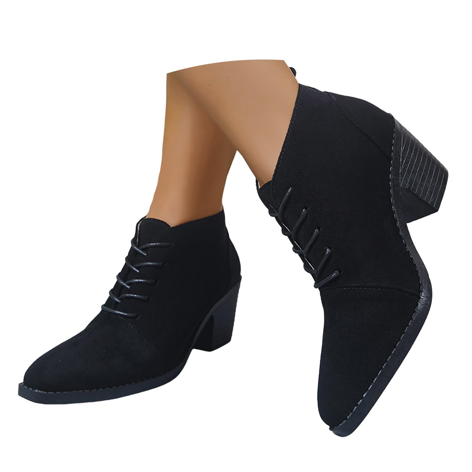 ZSpzx Women Suede Ankle Boots Vintage Lace up Combat Booties Solid Color Chunky Block High Heels Pointed Toe
