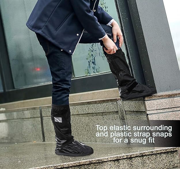 Image of Waterproof Shoe Cover Protector for Men and Women - Reusable Anti-Slip Rubber Overshoes - Tall Boot Galoshes with Safety Reflector - PVC Material, Dustproof, Foldable, Portable, and Durable for Rainy Season and Outdoor Use (1-Pair, Black)