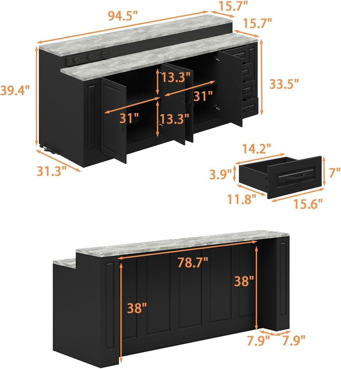 94.5" Large Bar Table Kitchen Station, Home Bar Unit with 3 Charging Socket, 4 Drawers & 2-Tier Shelf, Bar Cabinets Reception Desk for Home Pub Kitchen Storage, Black & Marble Pattern