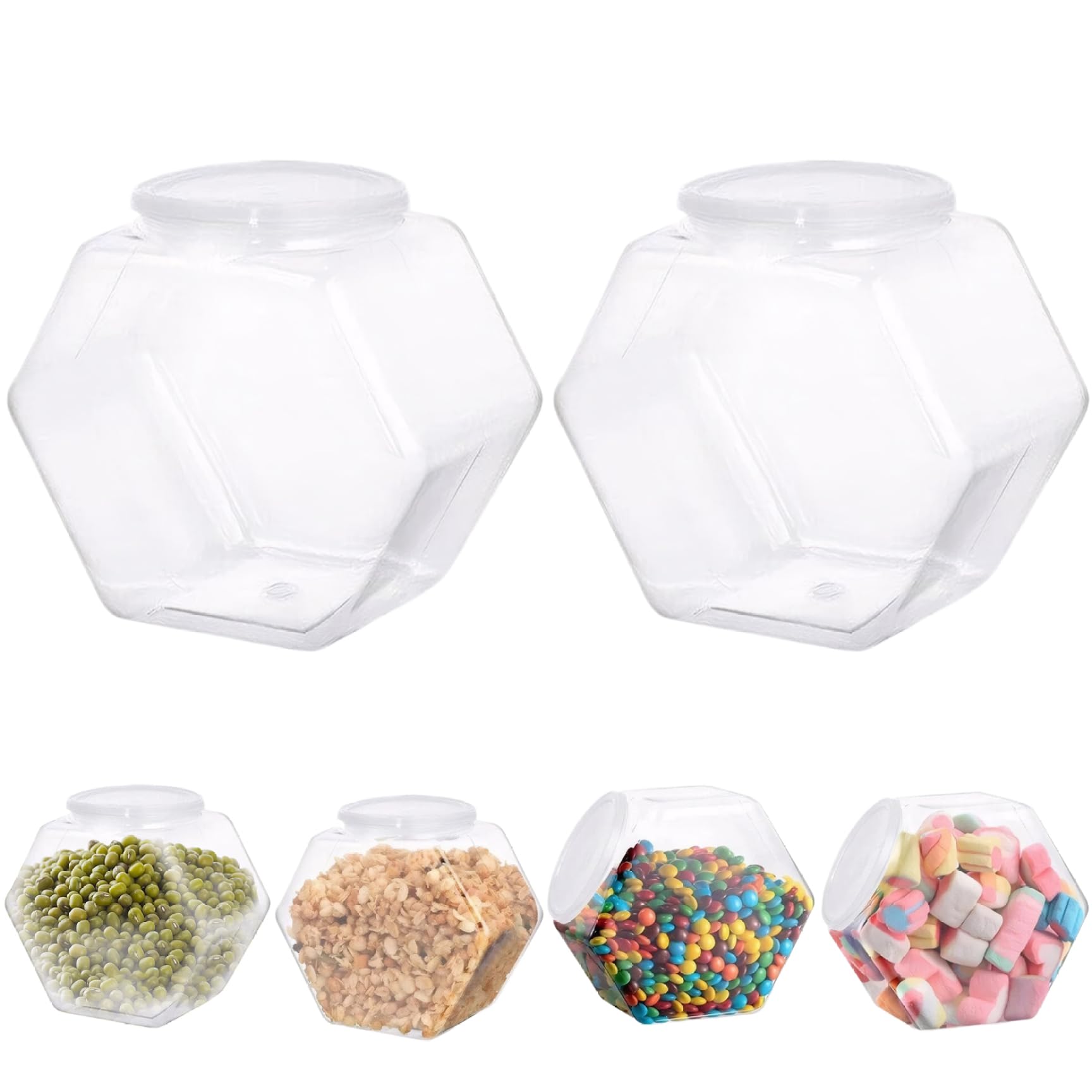 Temeemeg Plastic Candy Jars with Lids, 2PCS 3800ml Clear Hexagon Cookie Jar, Wide Mouth Cookie Container, Shatterproof Reusable Plastic Jars for Snack, Biscuits, Chocolate,