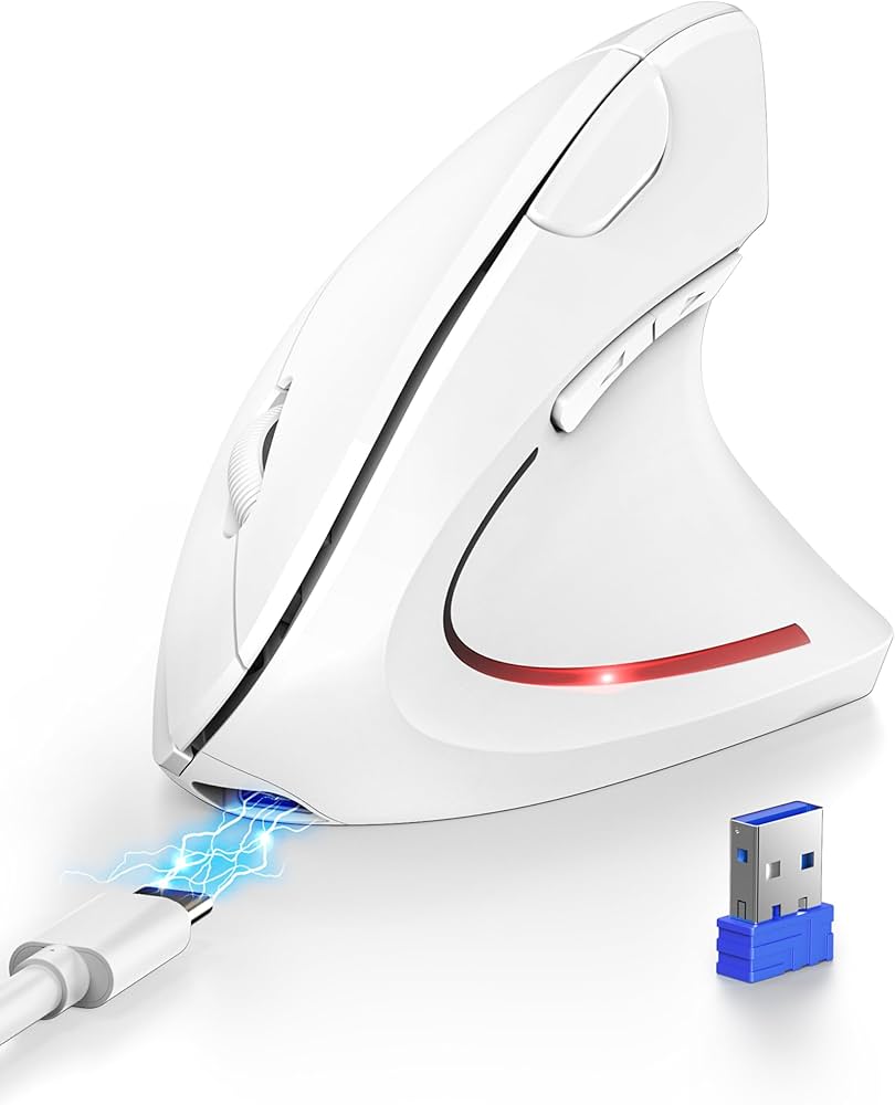 TECKNET Rechargeable Wireless Ergonomic Mouse, Bluetooth Vertical Mouse (BT 5.0/3.0 + 2.4G), 4800 DPI Silent Mouse with 6 Adjustable DPI, 6-Button Computer Mouse for Laptop, PC, MacBook, iPad - White