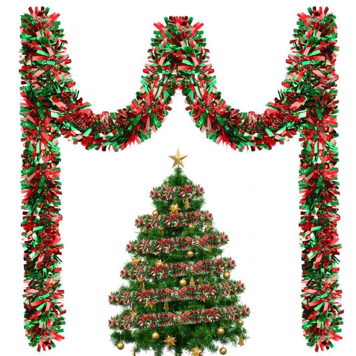 MARFOREVER 3 Pcs Christmas Tinsel Garland Tree Decoration Red Green Metallic Tinsel Twist Garland Hanging Supplies for Christmas Holidays New Year Party Indoor Outdoor Home Wall Decor 19.7 Feet