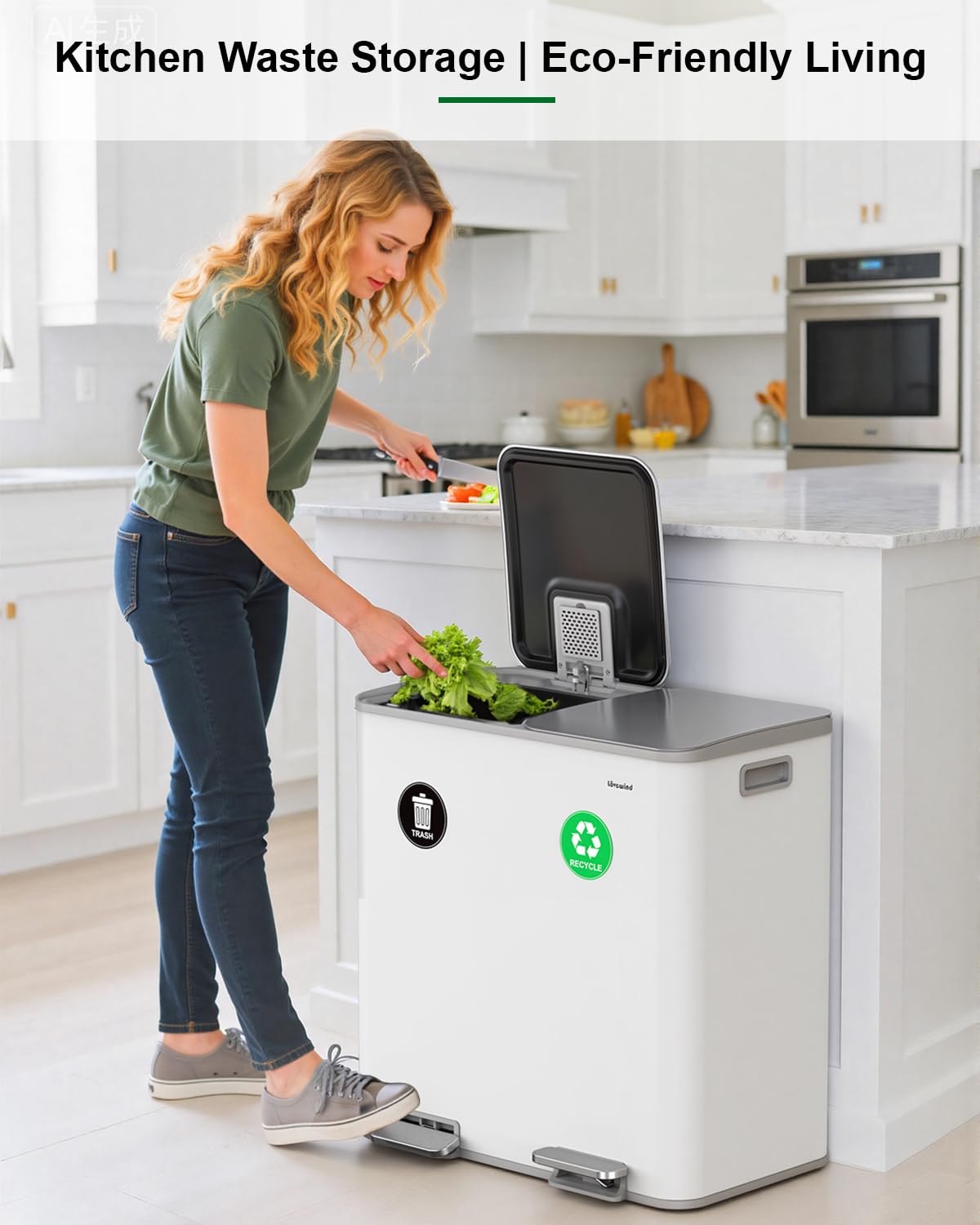 Lovewind 2×11.5 Gallon Dual Trash Can, Stainless Steel Dual Garbage and Recycling Can with Foot Pedal, 90° Stay-Open Lid, Pet-Proof Design – Large Dual Compartment Trash Recycling Bins Kitchen, White