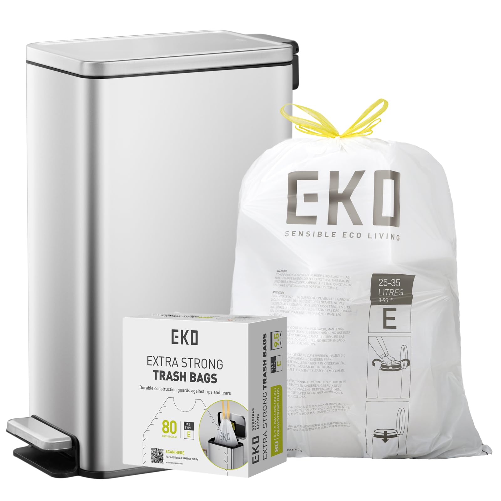 EKO Stella Slim Cubo de Basura Cocina 30L con Pedal y Tapa de Cierre Suave | Acero Inoxidable Antihuella | Papelera Moderna y Robusta | Gran Capacidad para Reciclaje
