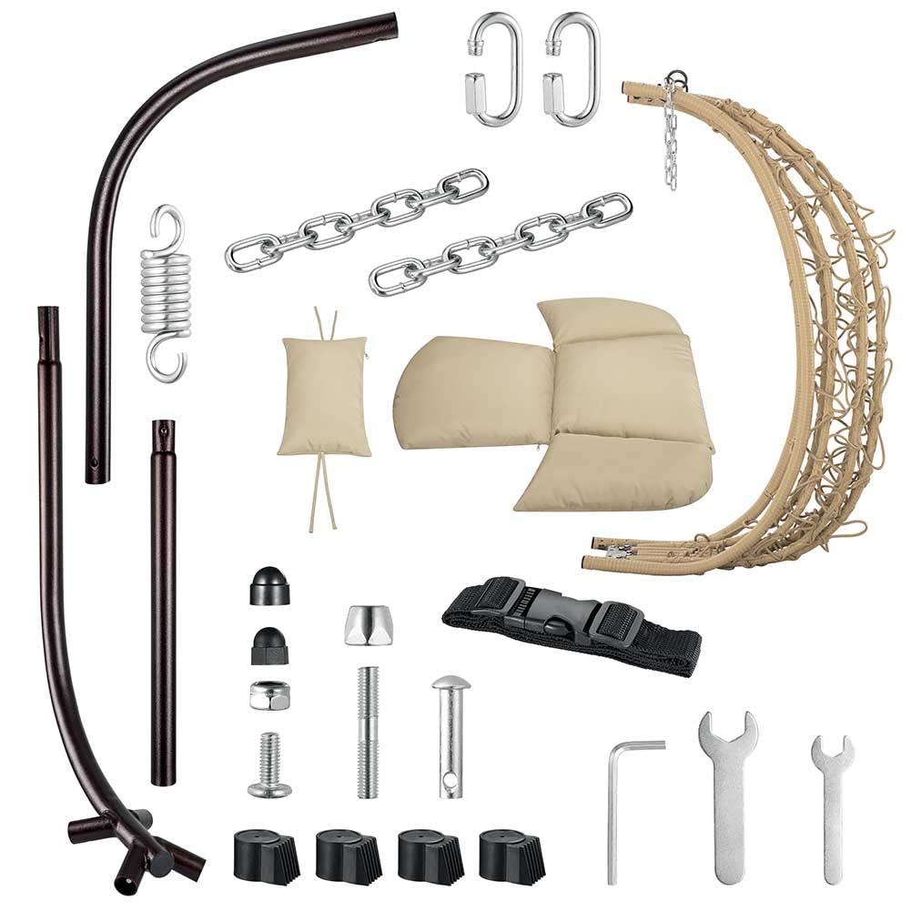 Bakaji Sillón Colgante de jardín, Silla Mecedora Hamaca para Exterior, Estructura de Metal Nido de ratán y Cuerda + cojín Asiento Acolchado y reposacabezas, diseño Moderno, 198 x 110 x 95 cm (Beige)