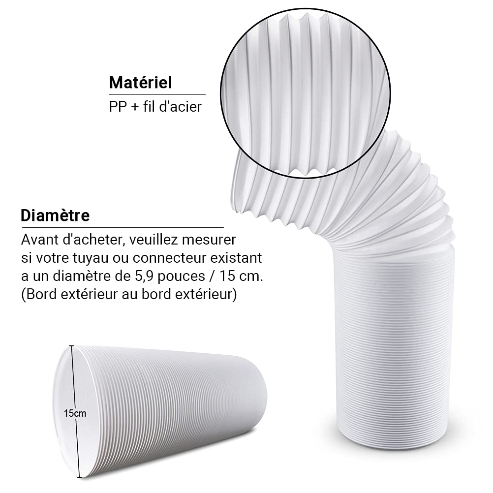 K KUMEED Tuyau Climatiseur Mobile 150mm 1,5m, Filetage Anti-Horaire, Tuyau d'Échappement Extensible en PP Renforcé, Compatible Climatiseur, Sèche-Linge et Hotte Aspirante