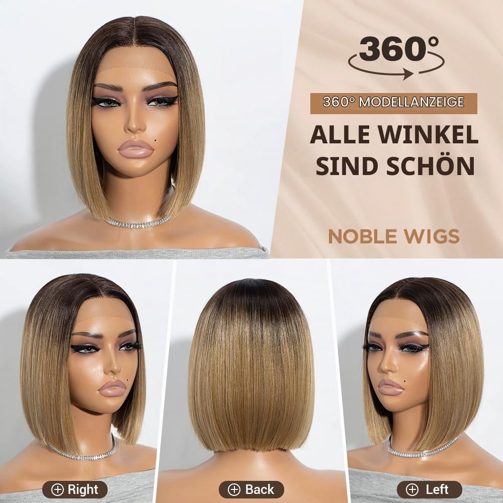 NOBLE Bob Perücken für Frauen Kurz T Teil HD Lace Front Perücken Ombre Braun Blond Synthetische Stumpf geschnitten Bob Lace Front Perücken für Party und Alltag 10 Zoll