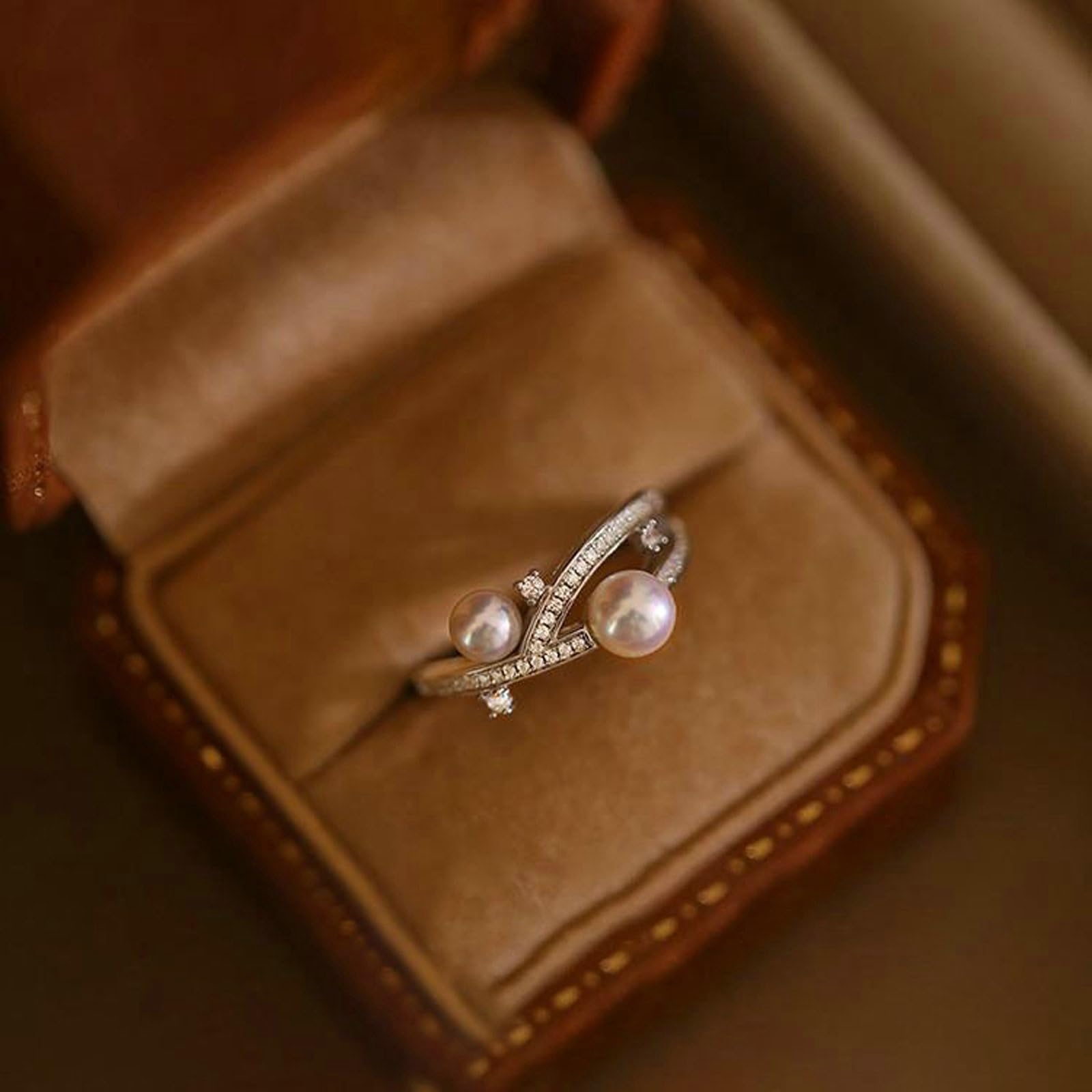 Anillo de perlas para mujer, elegante oro real, anillo de boda de oro blanco con perlas, anillos de compromiso para mujeres