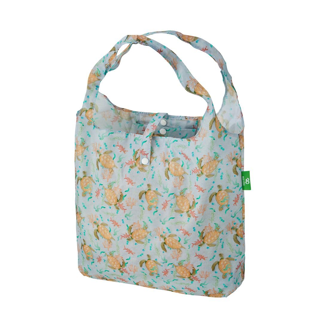 ECO CHIC Lightweight Foldable Reusable Shopping Bag Water Resistant Tote Bag (Sea Turtles Grey)