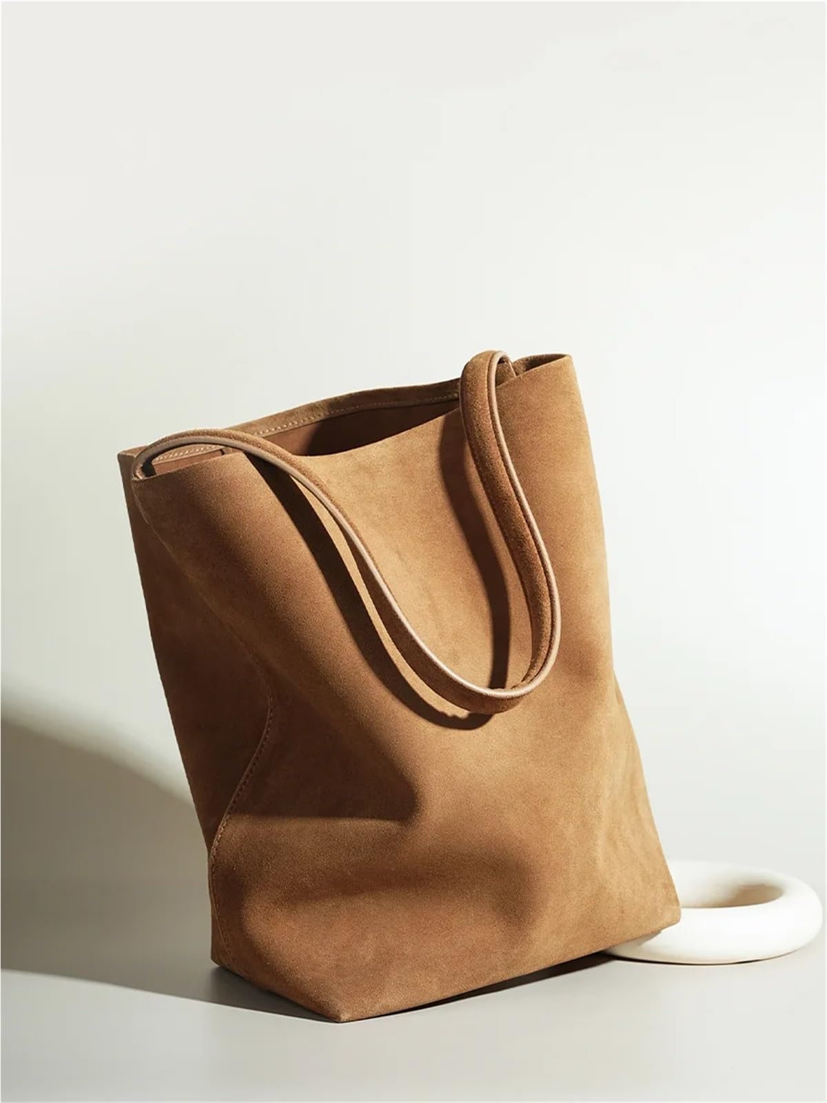 Borsa a tracolla da pendolare in pelle scamosciata donna a secchiello in di grande capacità(Caramel,34-16-24cm)