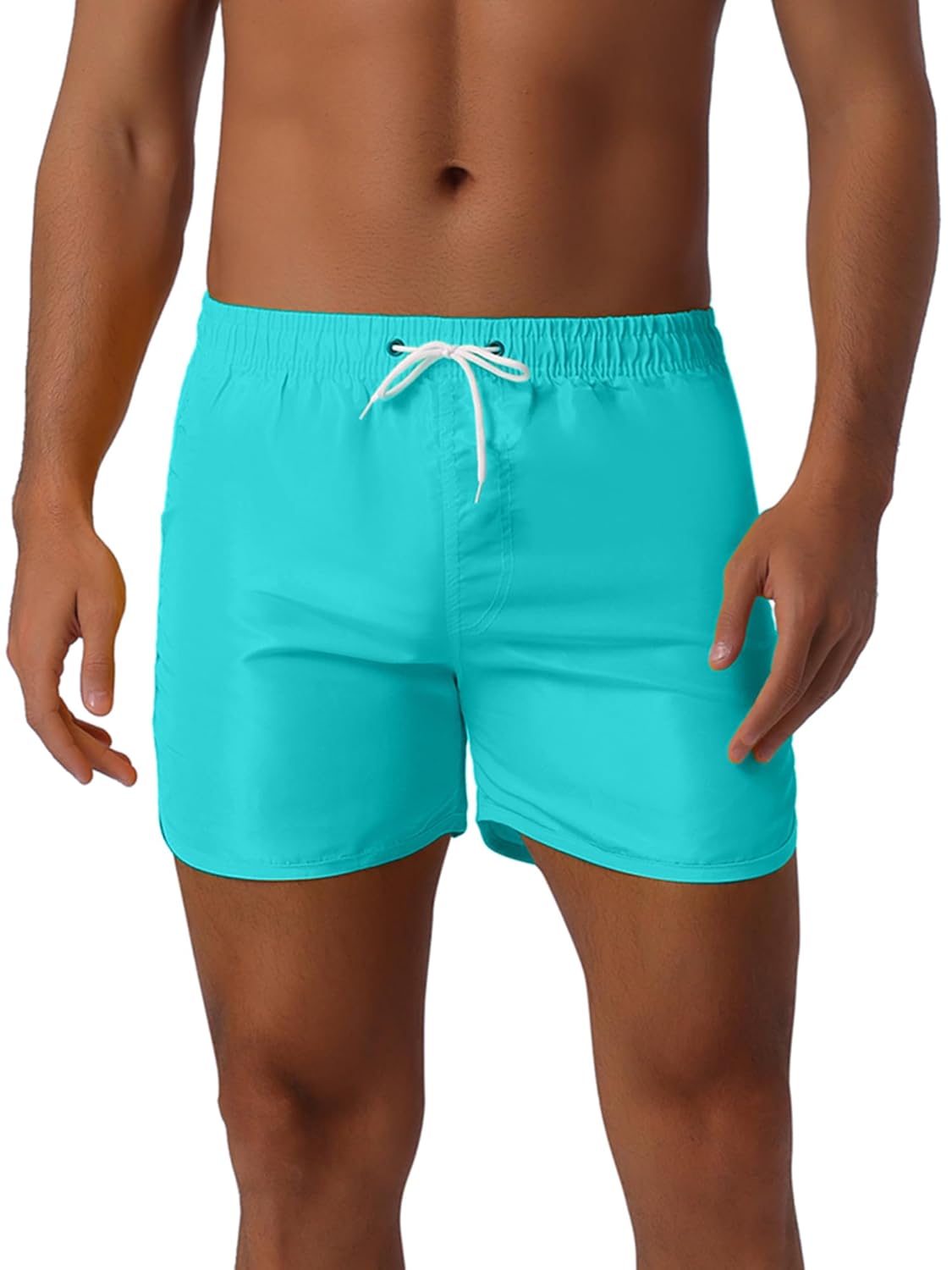Bermuda masculina casual leve de cor sólida com cordão na cintura elástica verão praia, Azul claro, 30