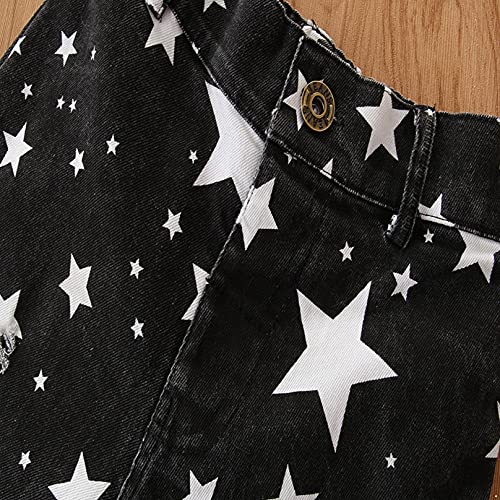 Kids Girls Fashion Flare Jeans Elastic Waist Ripped Stars Pattern Print Denim Pants Bell Bottoms Casual Trousers4