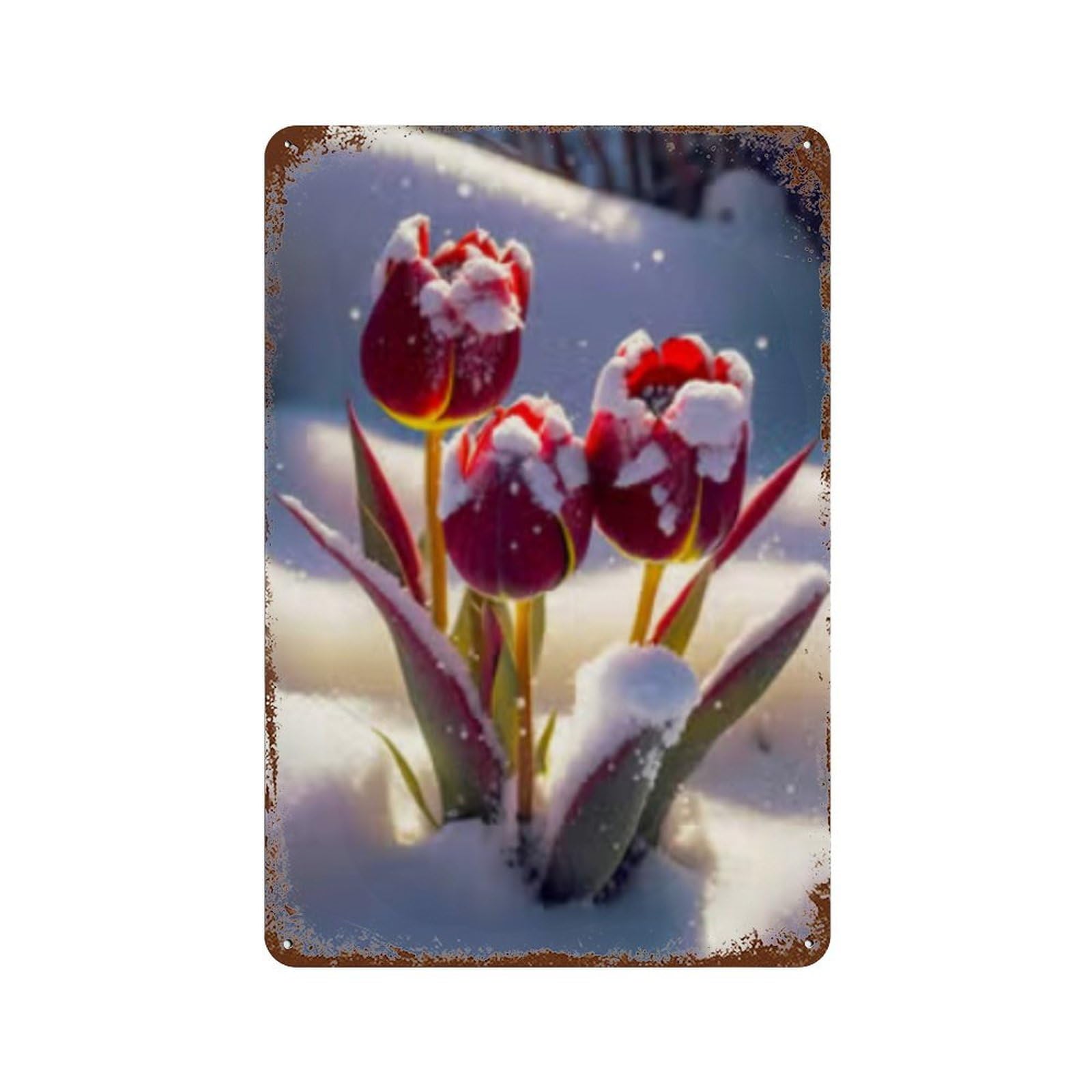 Rust Effect Winter Tulips in Snow Rustic Tin Plaque 11.8"x7.9", Shabby Chic Decor for Basement, Hobby Room And Garage Decor