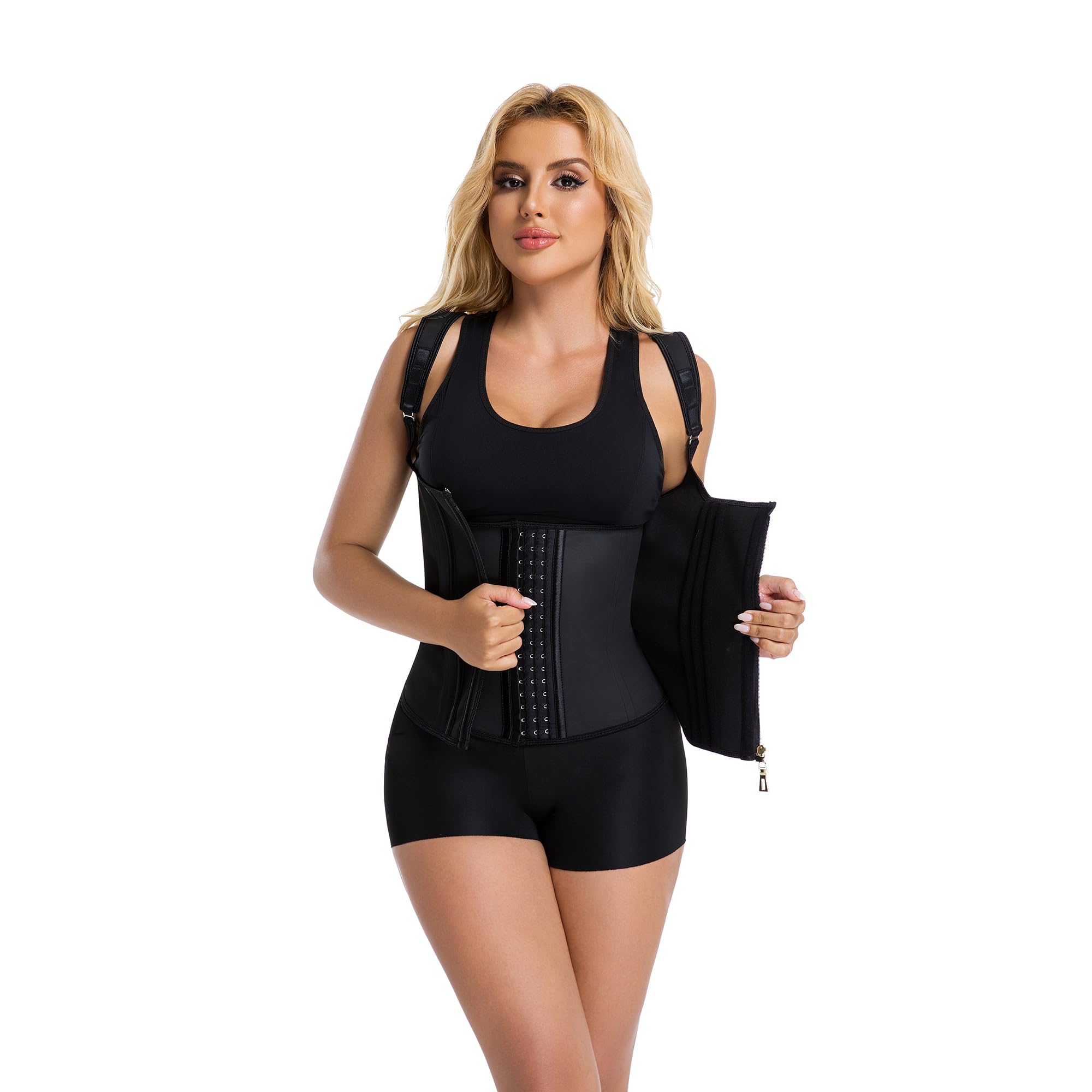Genérico Faja Deportiva para Mujer, Chaleco Moldeador con Cremallera, Corsé de Entrenamiento con Tirantes, Negro