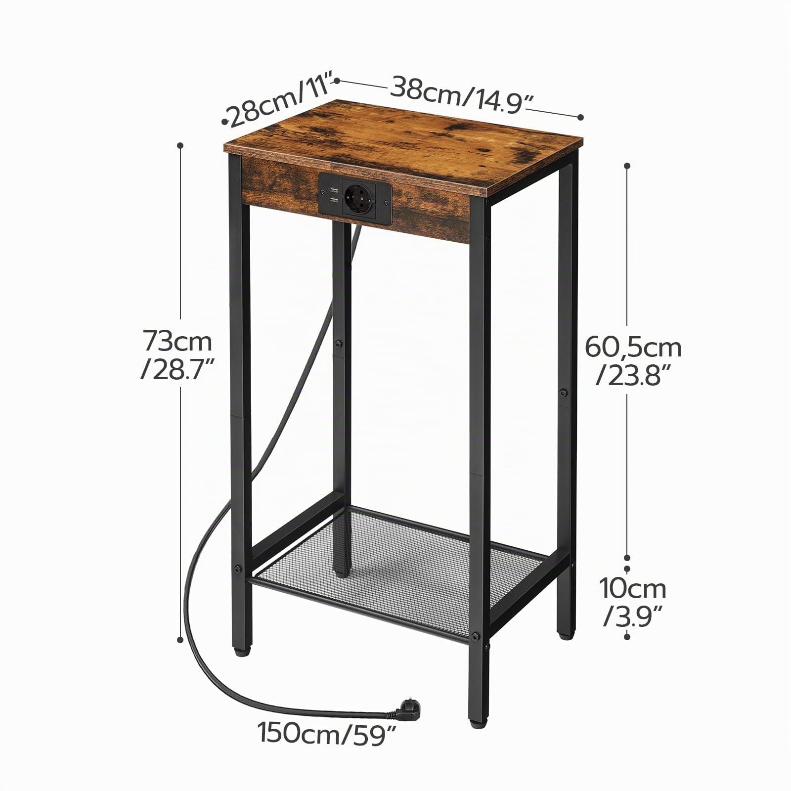 HOOBRO Mesa de Centro Alta con Estación de Carga, Mesa de Teléfono de 2 Niveles con Estante de Malla, Mesa de Sofá Estrecha con Puerto USB y Enchufe, Marrón Rústico y Negro EBF08CDH01