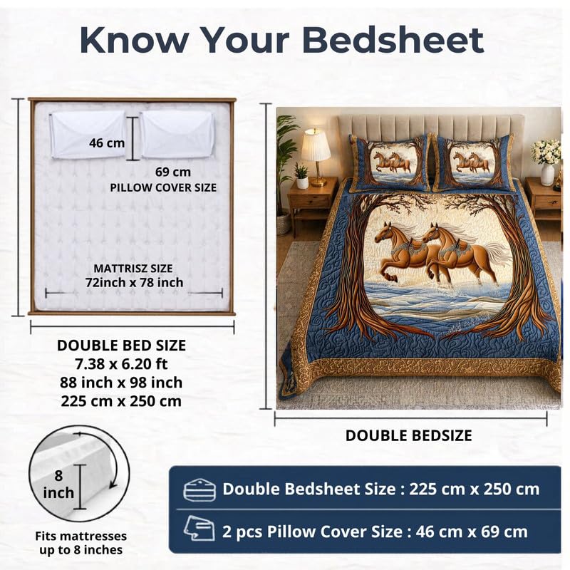Image of Akshya Double Bedsheet King Size (90x100 Inch) with 2 Pillow Covers | 300 TC Microfiber Soft Bedsheet | Blue Horse Printed Designer Bedsheet for Double Bed