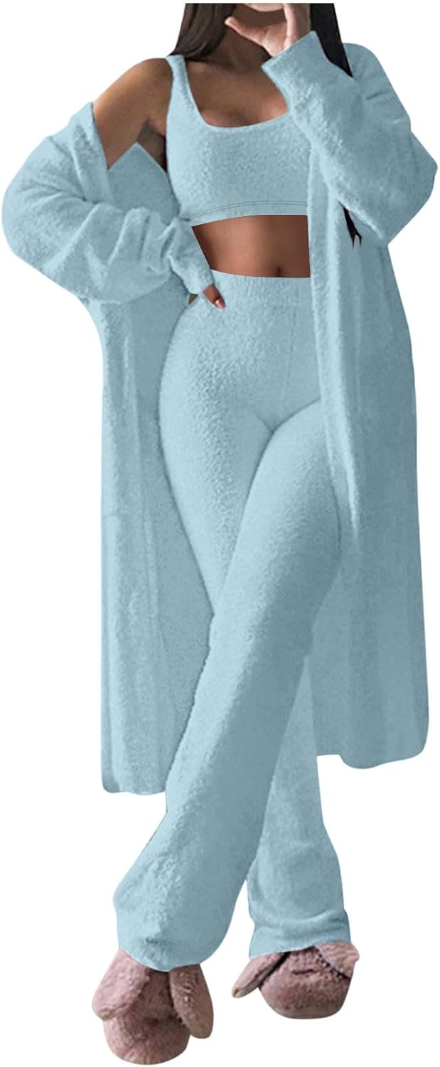 Oplxuo Womens Sexy Pajama Set Fuzzy Warm Sherpa Fleece 3 Piece Outfit Fleece Long Cardigan and Crop Tank Top Pants Lounge Set