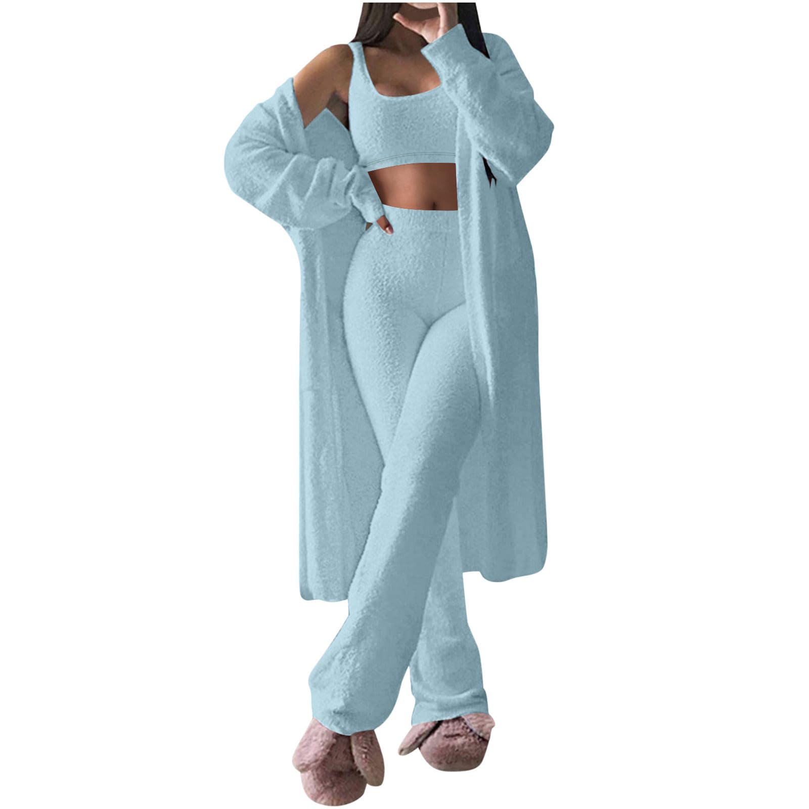 Womens Fuzzy 3 Piece Lounge Sets Long Sleeve Open Front Cardigan Crop Tank Top and High Elastic Waist
