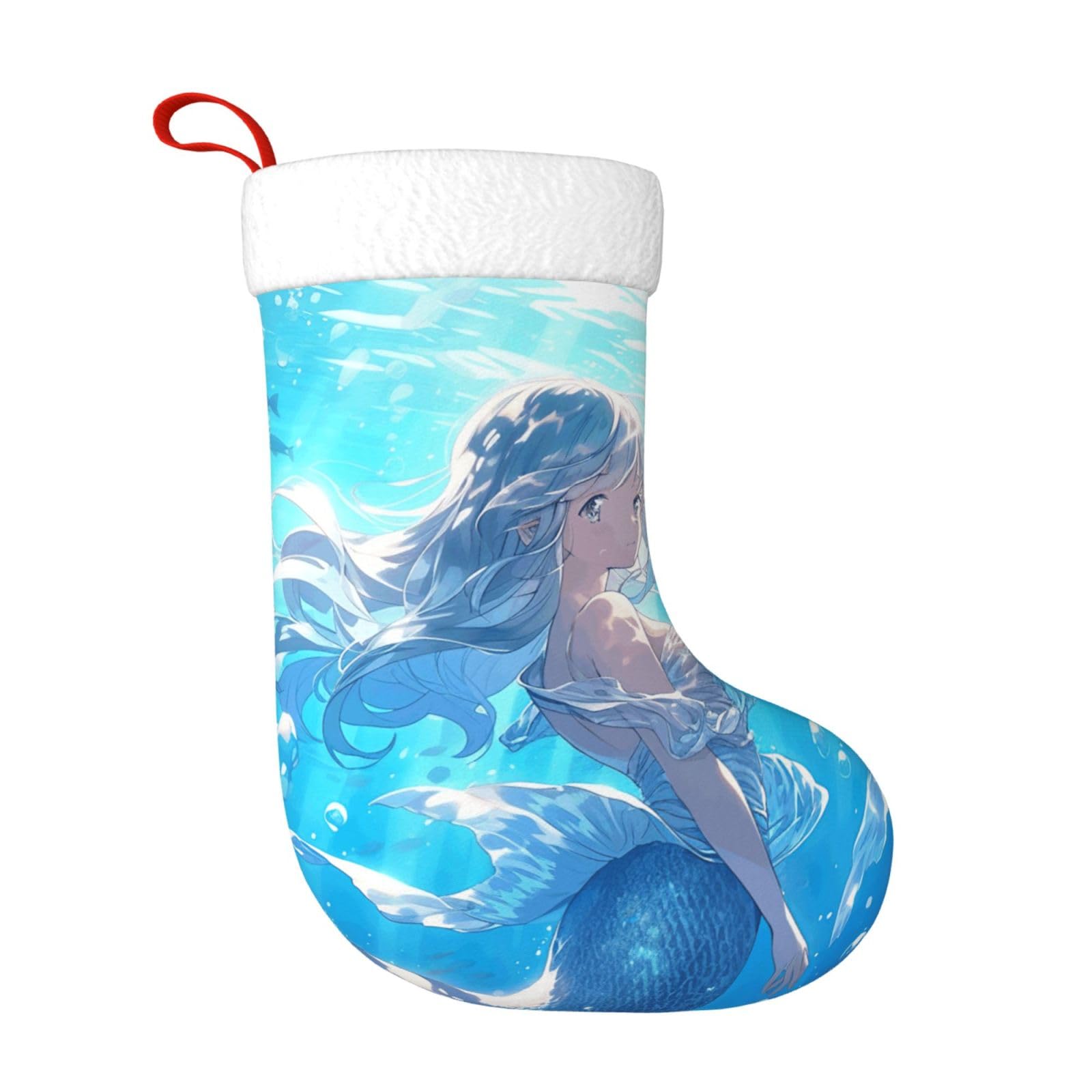 Blue Mermaid Print Christmas Stockings,Knitted Xmas Decorations,for Festive Gifts and Family Gatherings
