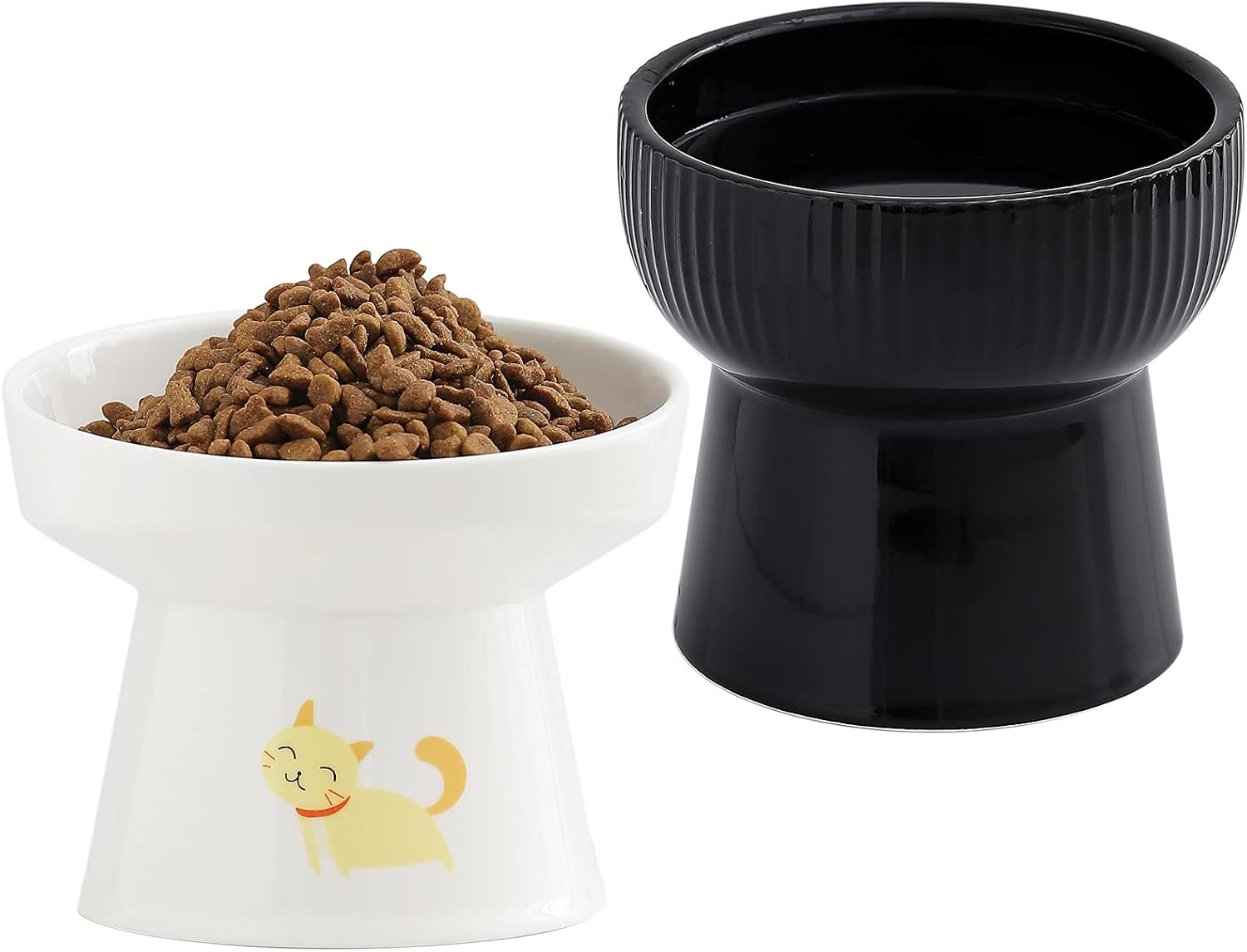 Ceramic Raised Cat Food and Water Bowls Set, Stress Free Anti Vomiting Black Elevated Cat Bowl & White Tilted Pet Feeder Dishes, Protect Pet's Spine,Backflow Prevention, 2 Pack