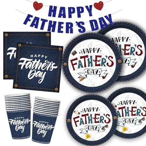 101PCS Father’s Day Paper Plates and Napkins(Jeans Style,Serves 25),Father's Day Decorations Includes Paper Plates,Napkins,Cups and Banner