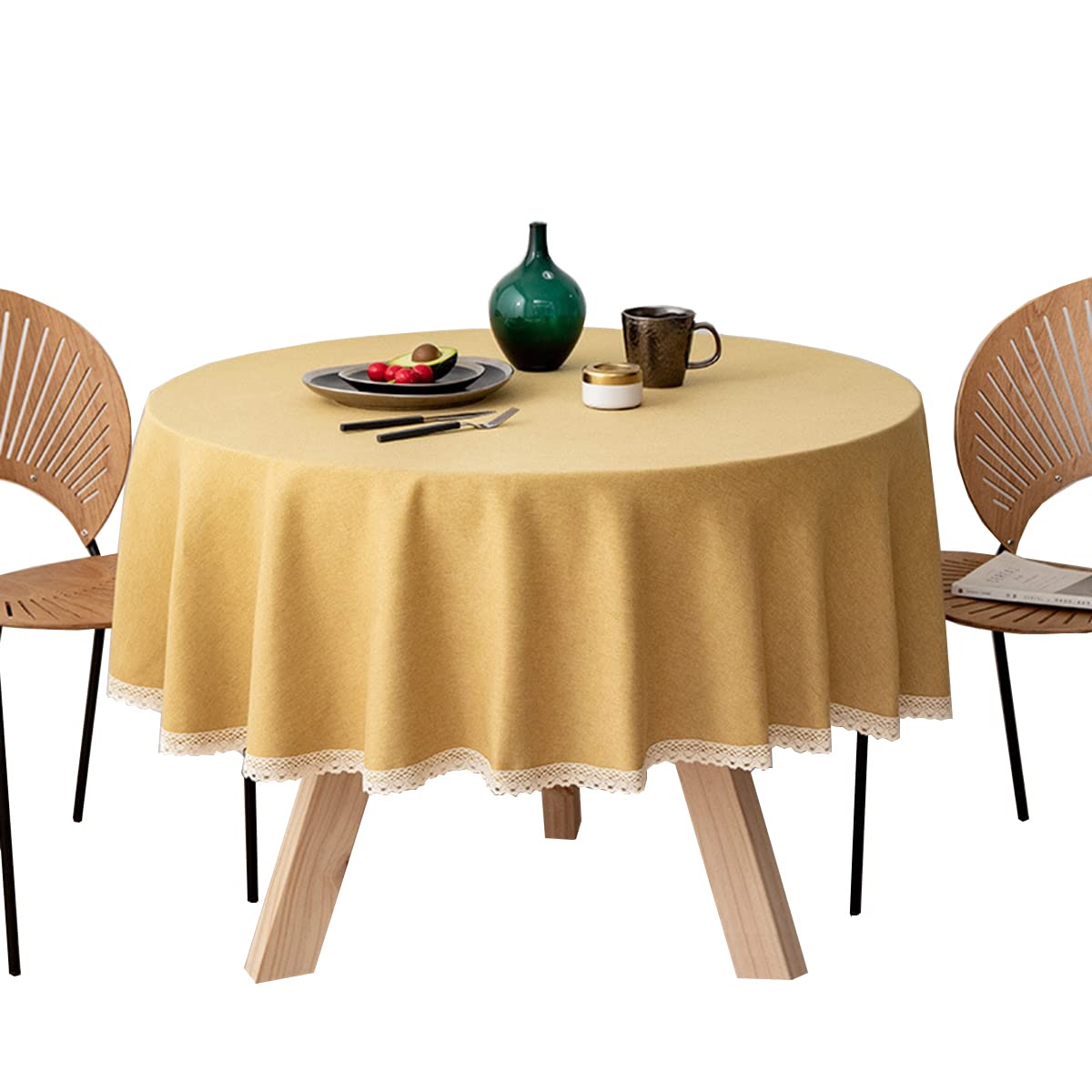 Nappe ronde imperméable en coton lin jaune 160cm anti-tache pour banquets