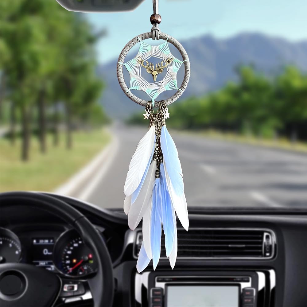 Small Blue Dream Catcher for Car Rearview Mirror Lucky Deer Head Dream Catcher Handmade Feather Dreamcatcher Car Hanging Ornament Home Room Wall Decoration