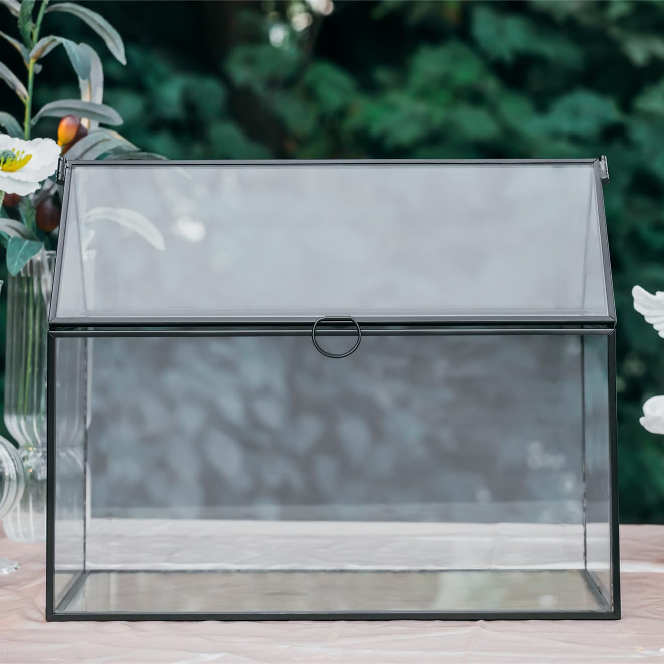 NCYP Scatola porta biglietti in vetro con coperchio per ricevimenti di nozze – 26 x 15 x 21 cm, porta carte a forma di casa, micro decorazione per matrimoni, feste di compleanno, nero (solo scatola di