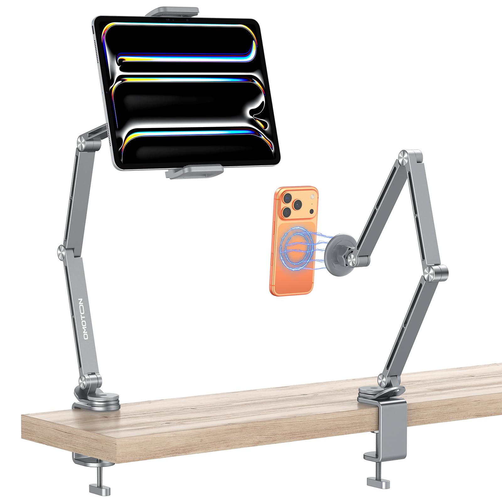 OMOTON Supporto per tablet regolabile per scrivania, supporto per tablet in lega di alluminio per iPad, supporto per telefono girevole a 360° con 2 morsetti, supporto per telefono per letto con