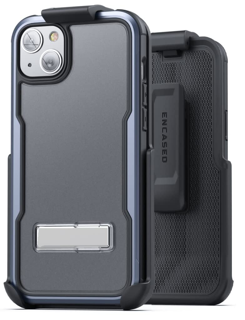 Encased Exos-Armor Designed for iPhone 14 Case with Belt Clip Holster and Durable Metal Kickstand (Metallic Blue)