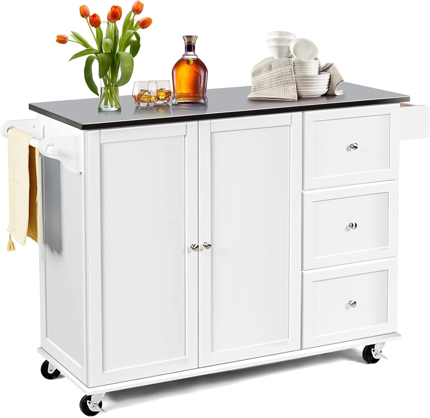 GOPLUS Aparador Isla de Cocina Aparador de Madera con Ruedas 3 estantes Regulables y 3 cajones, encimera de Acero Inoxidable, especiero, toallero, 135 x 45,5 x 91,5 CM (Blanco)