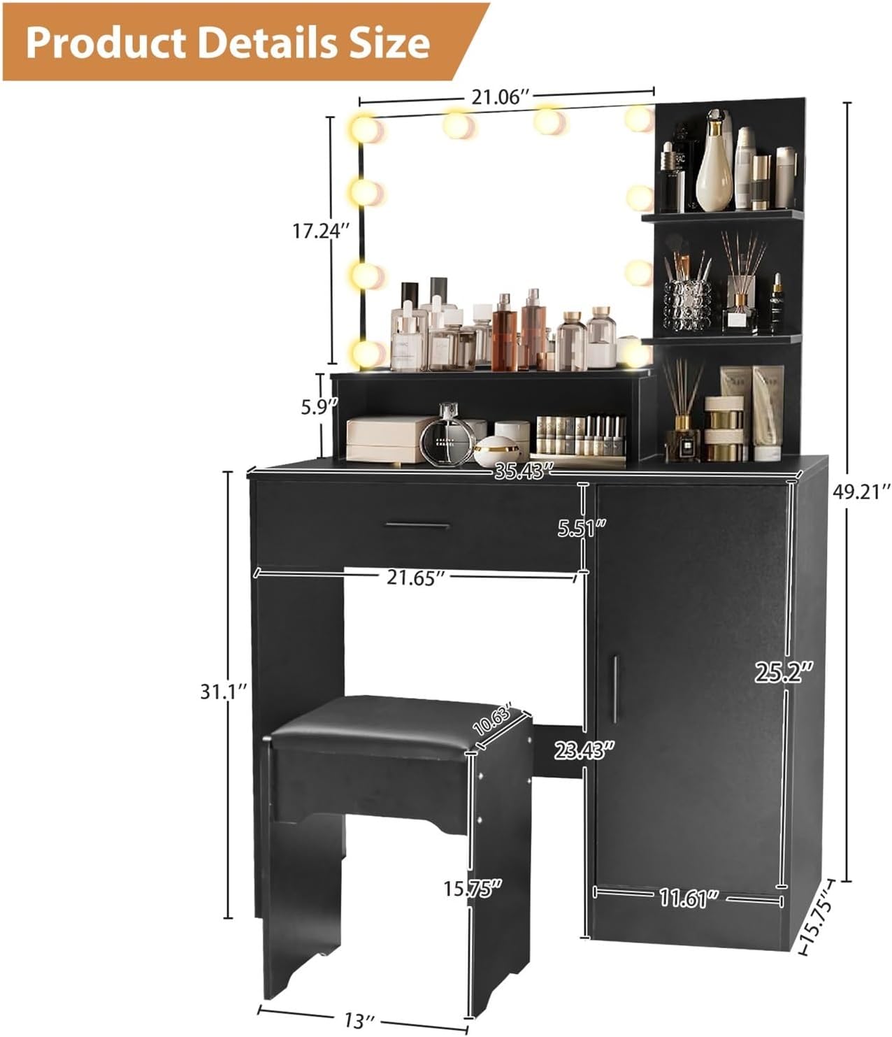 Vanity Desk with Mirror and Lights, Makeup Vanity with Drawer & Storage Cabinet, 3 Adjustable Lighting Colors, Makeup Desk with Open Shelves for Bedroom, Dressing Room, Black