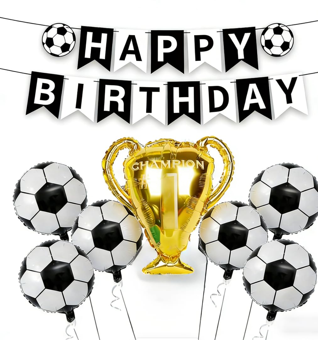 Football Birthday Decorations - Black White Soccer Party Decor Set with 28" Champion Trophy Balloon, 6 Football Balloons & Banner - Durable, Easy to Install for Kids Sports Theme Celebration
